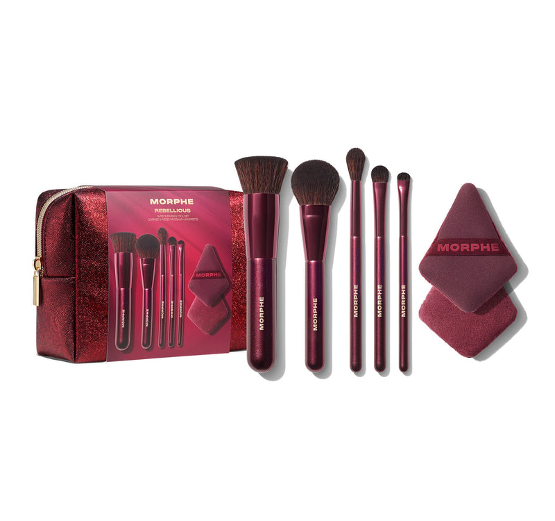 Morphe makeup brush set with red packaging on a white background