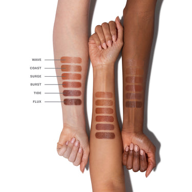 Morphe Complexion Boost Peptide Bronzing Serum swatches in six shades — Wave, Coast, Surge, Burst, Tide, and Flux — shown on light, medium, and deep skin tones