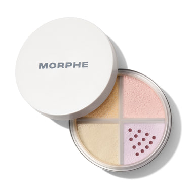 {Bright Balance} Morphe Bake & Set Loose Powder Quad: four color-correcting shades — yellow, pink, lavender, and translucent — in a round compact with sifter