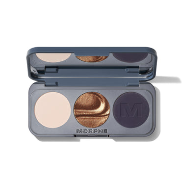 {Jean Spirited} Morphe Jean Spirited 3-Pan Eyeshadow Palette open compact in navy blue case with three round pans – matte cream, metallic bronze, and deep navy matte eyeshadow | ChromaPlus Eyeshadow Trio | Secondary image