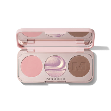 {Tulle Order} Morphe ChromaPlus Eyeshadow Trio in Tulle Order open compact in blush pink case with three round pans – matte soft pink, metallic iridescent pink duochrome shimmer, and matte warm brown eyeshadow | ChromaPlus Eyeshadow Trio