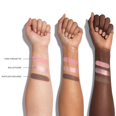 Morphe ChromaPlus Eyeshadow Trio in Tulle Order arm swatches on light, medium, and deep skin tones showing shades Pink Pirouette (matte soft pink), Balletcore (metallic iridescent pink shimmer), and Ruffled Feelings (matte warm brown taupe)