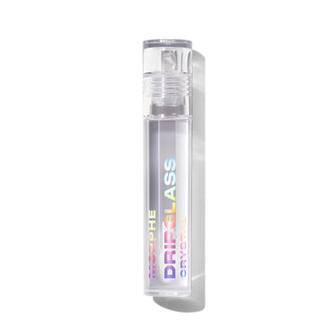 Morphe Dripglass Crystal Super Shine Lip Gloss clear tube with iridescent logo, closed cap, standing upright on white background.