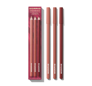 Morphe lipstick pencils with packaging on a white background | Mischievous Signature Lip Pencil Trio