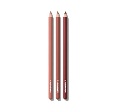 Three Morphe lip pencils on a white background