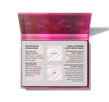 Crowd Pleaser Eyeshadow Palette,MOLTEN METAL
EYESHADOWS

APPLY DRY FOR

CREAWY EFFECTS:

Using tho sc ofa packing
biush, sweep across kis for
amooin, bendsbie, creat
Huinous payor.

APPLY WET FOR

Liauio EFFECTS:

Spray your brush tp wi
Continuaus Setting Mist or
water, before picking up.
eyeshadow Gio wong
ladies or creases for
molten shine.