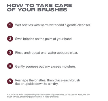 HOW TO TAKE CARE
OF YOUR BRUSHES
o Wet bristles with warm water and a gentle cleanser.
e Swirl bristles on the palm of your hand.
e Rinse and repeat until water appears clear.
o Gently squeeze out any excess moisture.
e Reshape the bristles, then place each brush
flat or upside down to air-dry.
CAUTION: To avoid compromising the construction of your brushes, do not use hot water, wet the
brush ferules,or submerge your brushes n water o cleaner