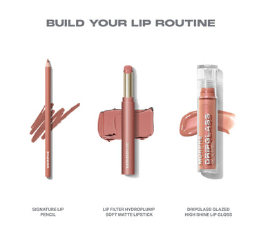 Makeup products including a lip pencil, lipstick, and gloss with 