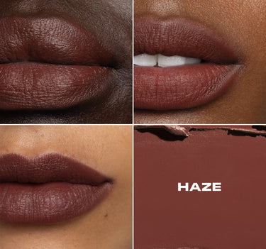 Collage of a brown lipstick shade on lips with 