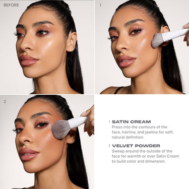1 SATIN CREAM
Press into the contours of the
face, hairline, and jawline for soft,
natural definition.

2 VELVET POWDER
Sweep around the outside of the
face for warmth or over Satin Cream
to build color and dimension.