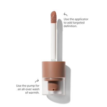 Morphe Complexion Boost Peptide Bronzing Serum dual-action cap, showing the pump for all-over warmth and the applicator wand for targeted definition