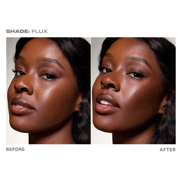 {Flux} Model showing a before and after demonstration wearing the Morphe Complexion Boost Peptide Bronzing Serum in Flux, showing a dewy, bronzed complexion