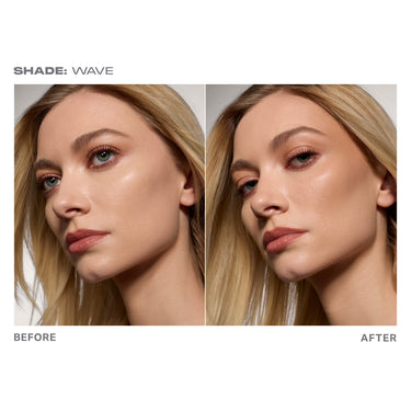 {Wave} Model showing a before and after wearing the Morphe Complexion Boost Peptide Bronzing Serum in Burst, showing a dewy, bronzed complexion