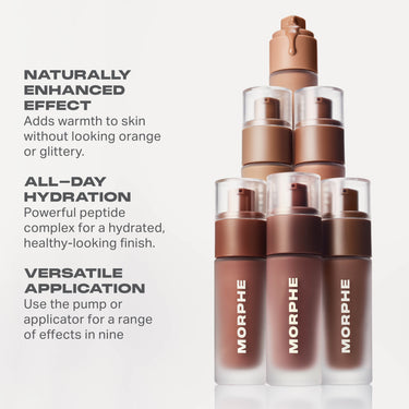Morphe Complexion Boost Peptide Bronzing Serum bottles stacked in a pyramid, highlighting naturally enhanced warmth, all-day hydration, and versatile pump-or-applicator use in nine shades