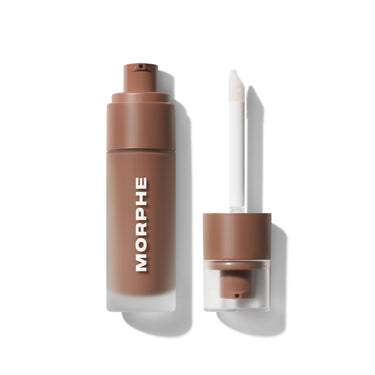 {Coast} Morphe Complexion Boost Peptide Bronzing Serum bottle with dual-action pump applicator and precision sponge tip wand