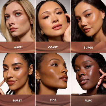 Six models with different skin tones wearing Morphe Complexion Boost Peptide Bronzing Serum in Wave, Coast, Surge, Burst, Tide, and Flux