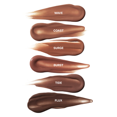 All six shades of Morphe Complexion Boost Peptide Bronzing Serum swatched in a row — Wave, Coast, Surge, Burst, Tide, and Flux, from light to deep
