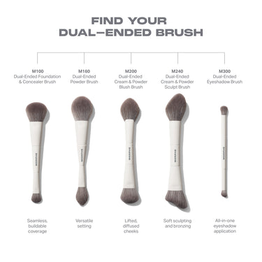 Set of dual-ended makeup brushes with descriptions on a white background