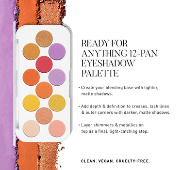 READY FOR ANYTHING 12-PAN EYESHADOW PALETTE ﻿﻿Create your blending base with lighter, matte shadows. ﻿﻿Add depth & definition to creases, lash lines & outer corners with darker, matte shadows. ﻿﻿Layer shimmers & metallics on top as a final, light-catching step. {Social Butterfly}