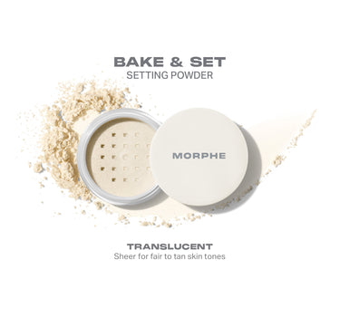 Morphe bake & set setting powder with open container on a white background