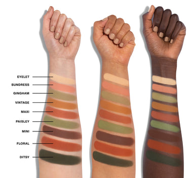 9B Matte Essentials Artistry Palette - Eyelet, Sundress, Gingham, Vintage, Maxi, Paisley, Mini, Floral, Ditsy arm swatches on three skin tones